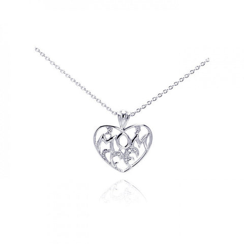 Sterling Silver Necklace with Fancy Heart  MOM  Inlaid with Clear Czs Pendant