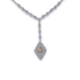 Sterling Silver Necklace with Antique Style Diamond Shaped Pendant Centered with Citrine Cz and Inlaid with Clear Czs