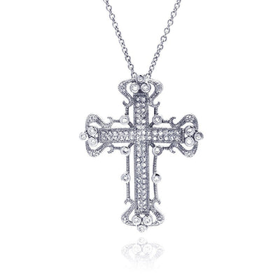 Sterling Silver Clear CZ Rhodium Plated Fancy Cross Pendant Necklace
