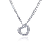 Sterling Silver Multi Strand Necklace with Fancy Open Heart Inlaid with Small Paved Heart Pendant