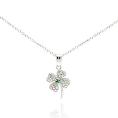 Sterling Silver Necklace with Small Paved Clover Flower with Centered Green Cz Pendant