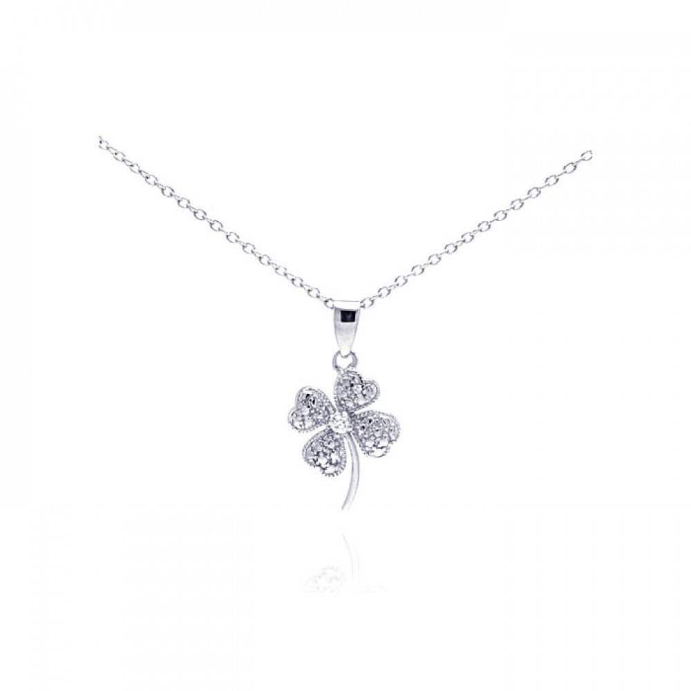 Sterling Silver Necklace with Small Clover Flower Inlaid with Clear Czs Pendant