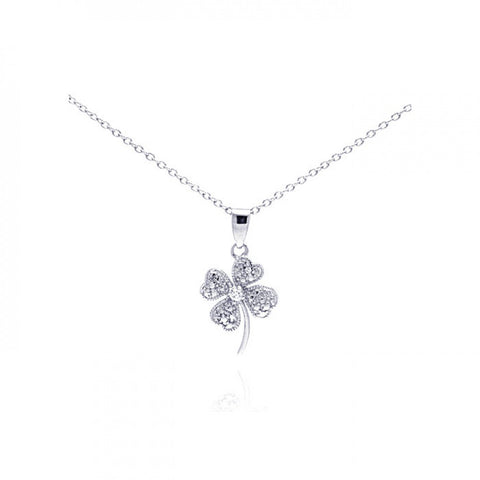 Sterling Silver Necklace with Small Clover Flower Inlaid with Clear Czs Pendant