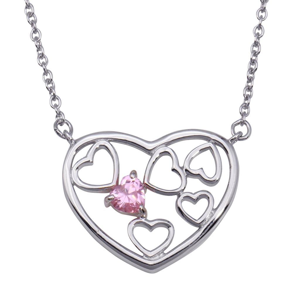 Sterling Silver Necklace with Trendy Multi Heart Design Inlaid with Single Blue Cz Pendant