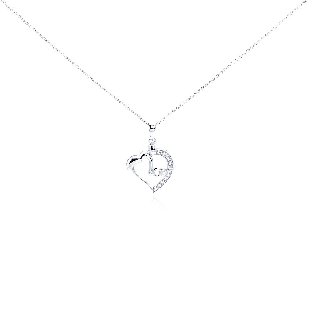 Sterling Silver Necklace with Classy  MOM  Heart Shaped  Inlaid with Clear Czs Pendant