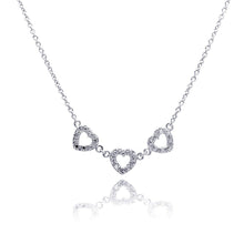 Load image into Gallery viewer, Sterling Silver Necklace with Classy Three Open Paved Heart Pendant