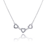 Sterling Silver Necklace with Classy Three Open Paved Heart Pendant