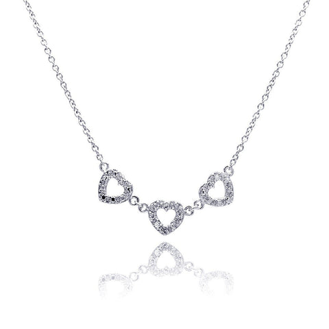 Sterling Silver Necklace with Classy Three Open Paved Heart Pendant