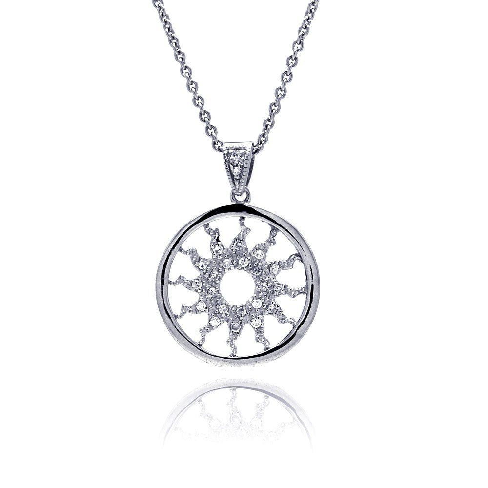 Sterling Silver Necklace with Fancy Sun Inlaid with Clear Czs Round Pendant