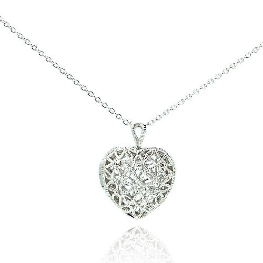 Sterling Silver Necklace with Fancy Filigree Design Inlaid with Clear Czs Heart Locket Pendant
