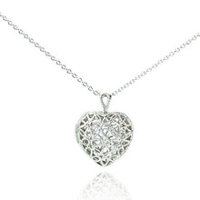 Load image into Gallery viewer, Sterling Silver Necklace with Fancy Filigree Design Inlaid with Clear Czs Heart Locket Pendant