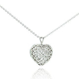 Sterling Silver Necklace with Fancy Filigree Design Inlaid with Clear Czs Heart Locket Pendant