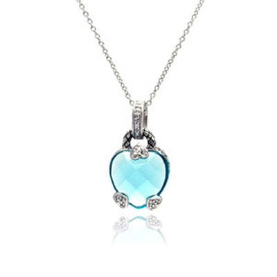 Sterling Silver Necklace with Trendy Heart Cut Blue Cz Inlaid with Clear Czs Pendant