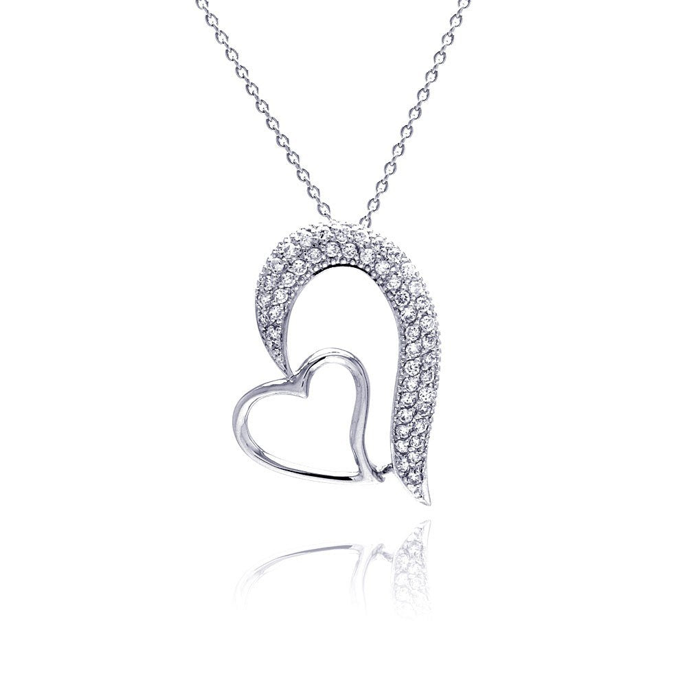 Sterling Silver Necklace with Elegant Double Heart Design Inlaid with Micro Paved Czs Pendant