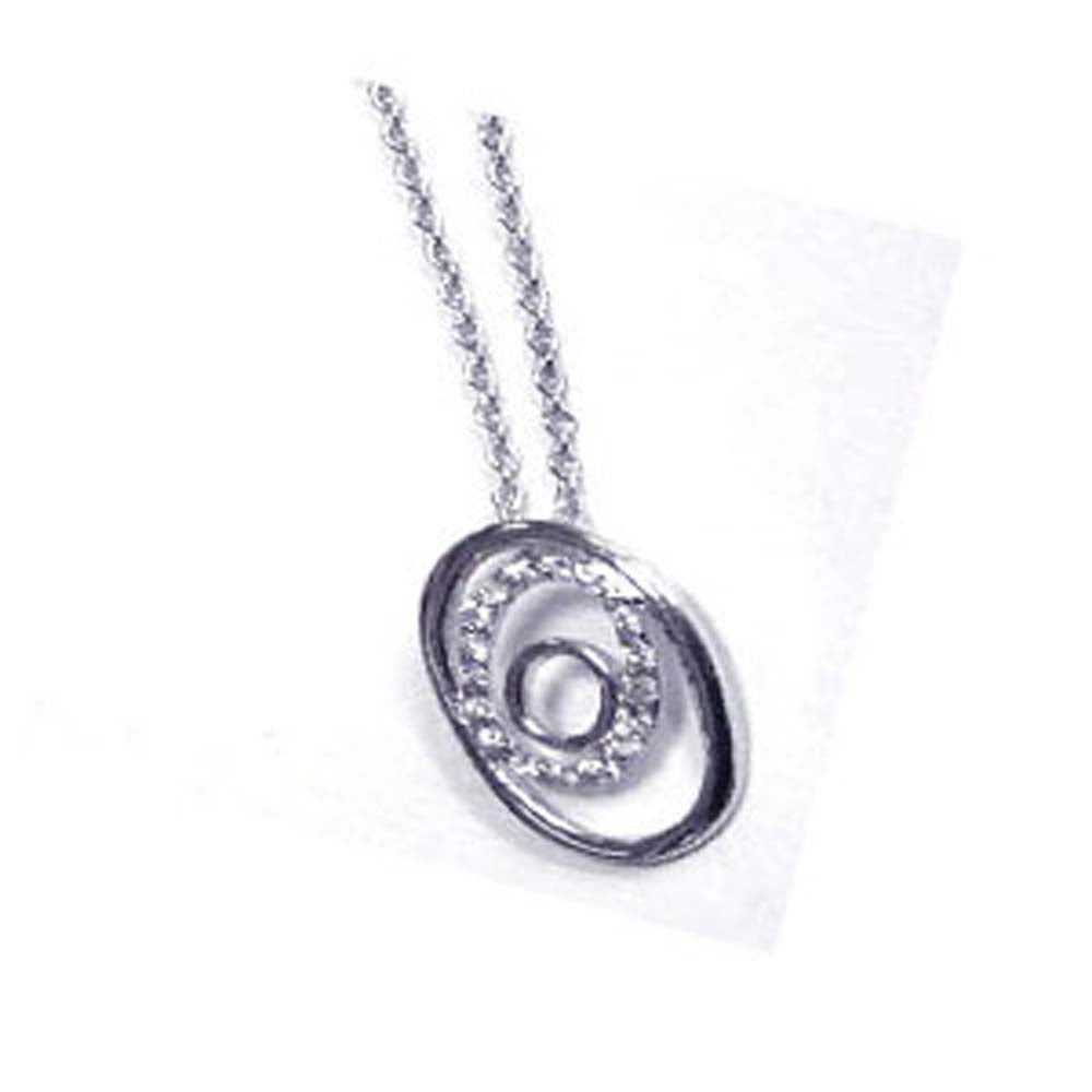 Sterling Silver Necklace with Fancy Multi Open Oval Inlaid with Clear Czs Pendant