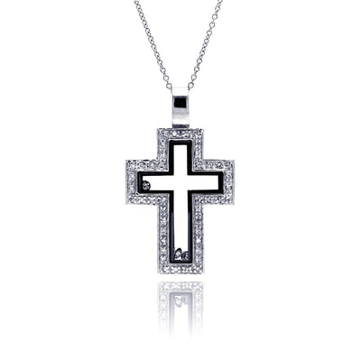 Sterling Silver Clear Black CZ Rhodium Plated Cutout Cross Pendant Necklace