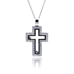 Sterling Silver Clear Black CZ Rhodium Plated Cutout Cross Pendant Necklace