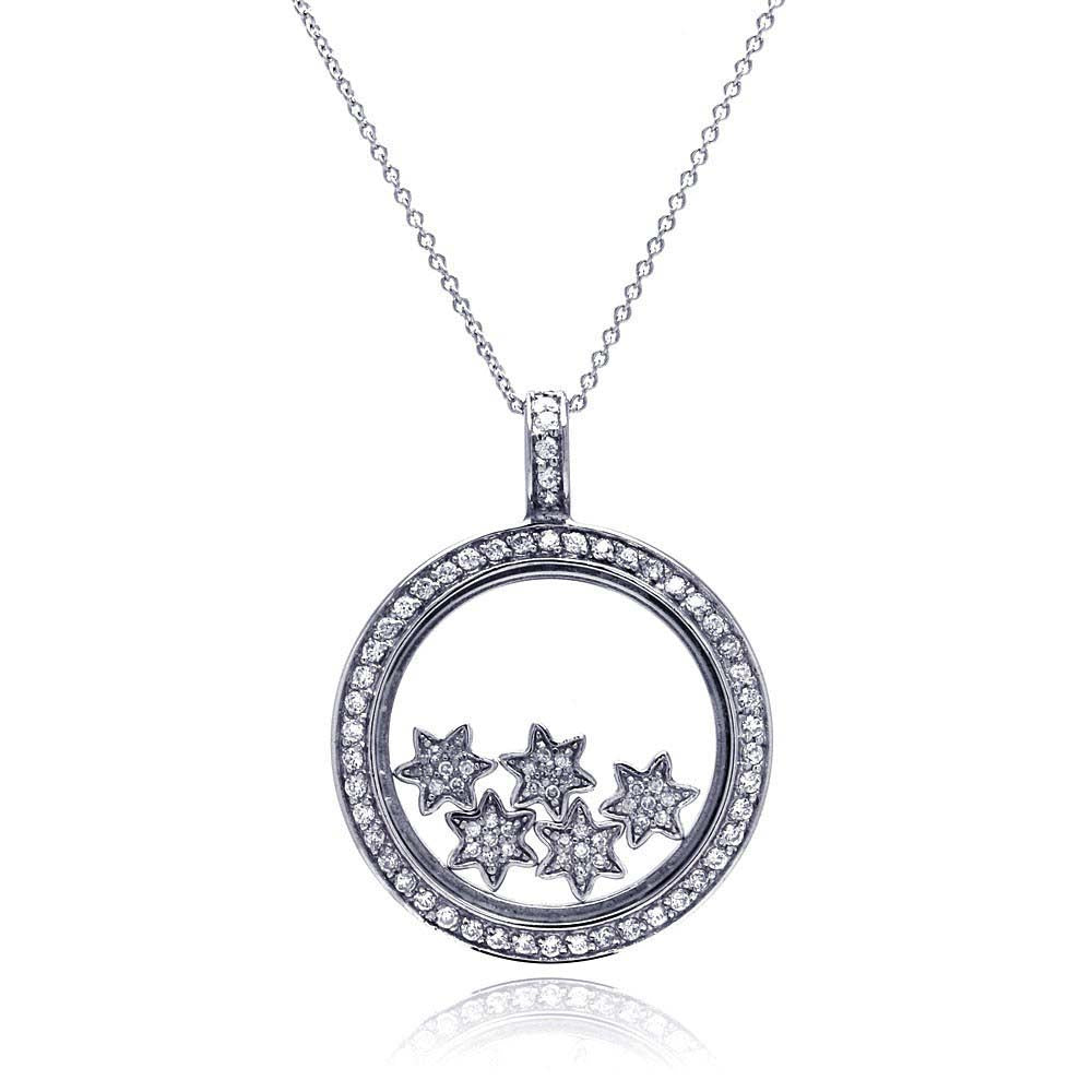 Sterling Silver Necklace with Fancy Round Glass Pendant with Multi Star Charms Inlaid with Clear Czs