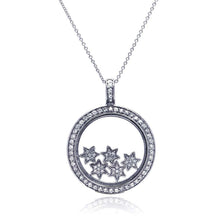 Load image into Gallery viewer, Sterling Silver Necklace with Fancy Round Glass Pendant with Multi Star Charms Inlaid with Clear Czs