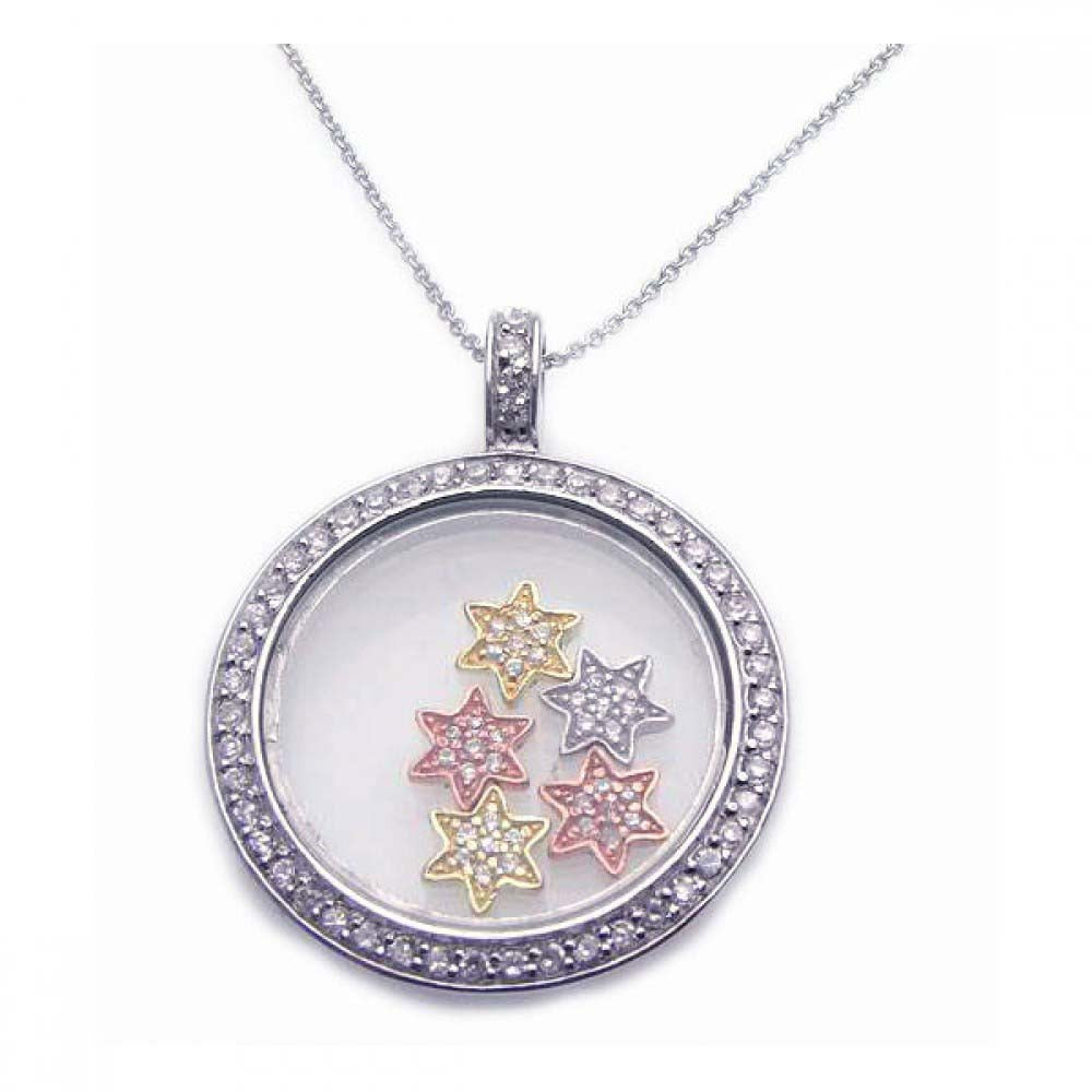 Sterling Silver Necklace with Fancy Round Glass Pendant with Three-Toned Multi Star Charms Inlaid with Clear Czs