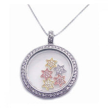 Load image into Gallery viewer, Sterling Silver Necklace with Fancy Round Glass Pendant with Three-Toned Multi Star Charms Inlaid with Clear Czs