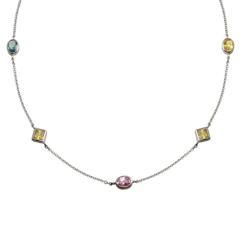 Sterling Silver Rhodium Plated Multi Color and Shape CZ Necklace