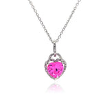 Sterling Silver Necklace with Fancy Solitaire Heart Cut Pink Cz with Paved Halo Setting Pendant