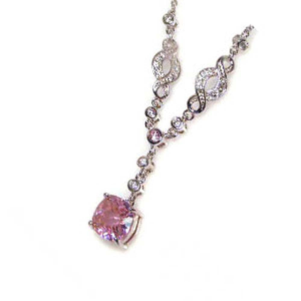 Sterling Silver Vintage Style Necklace with Clear Czs on Bezel Setting and Solitaire Round Cut Pink Cz Pendant