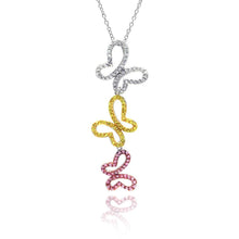 Load image into Gallery viewer, Sterling Silver Necklace with Three Multi-Color Paved Butterfly Dangling Pendant