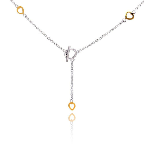 Sterling Siver Classy Lariat Necklace with Gold Plated Heart Charms and Toggle Clasp Closure