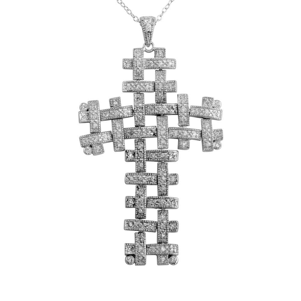 Sterling Silver Clear CZ Rhodium Plated Joint Crosses Pendant Necklace