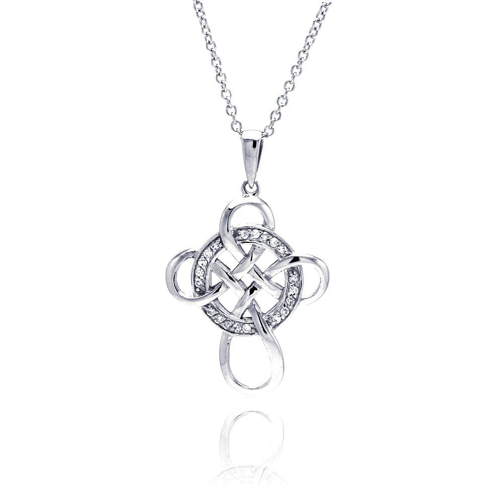 Sterling Silver Clear CZ Rhodium Plated Cross Round Pendant Necklace