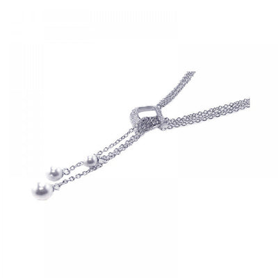 Sterling Silver Necklace with Clear Cz Square Charm and Three Hanging White Pearls Pendant