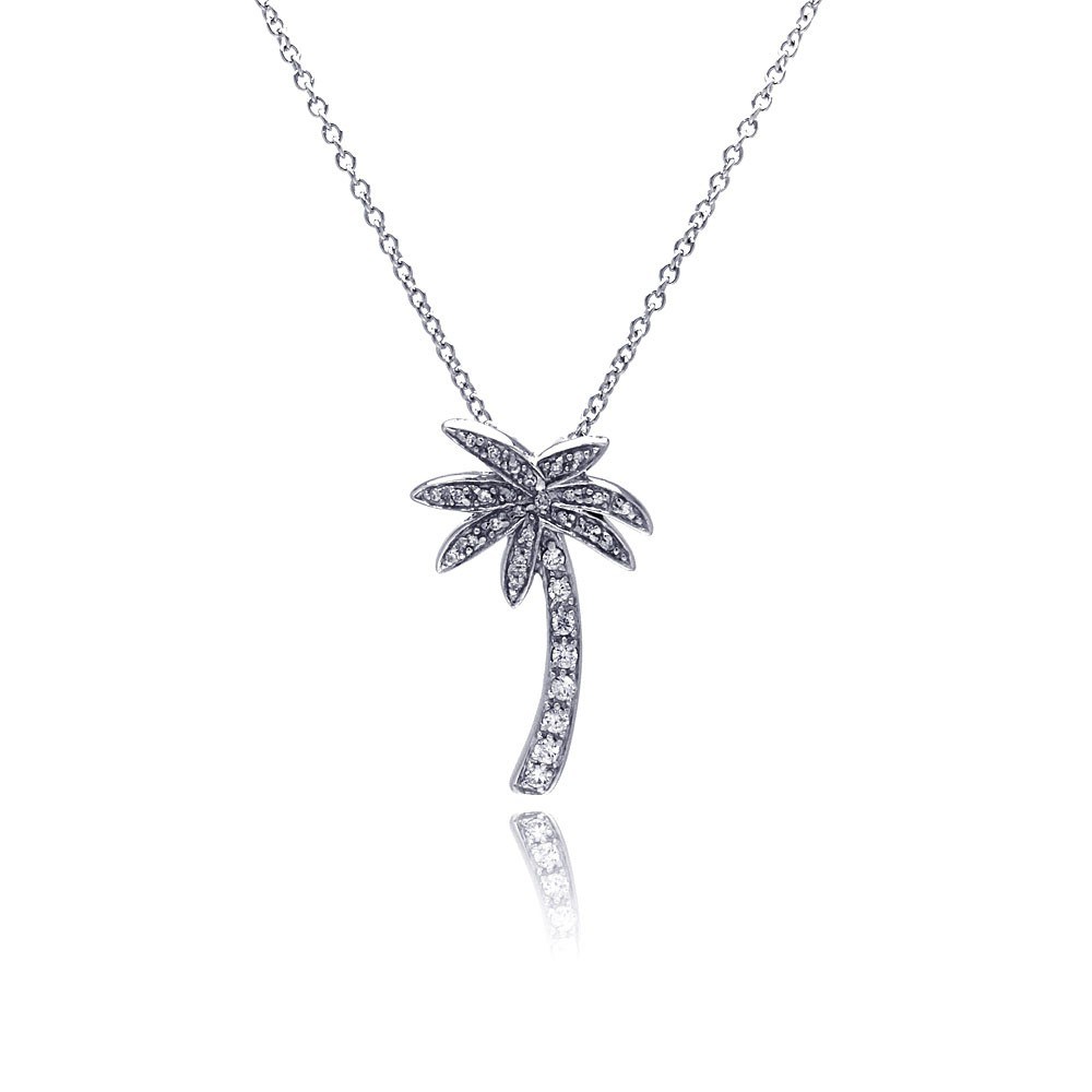 Sterling Silver Necklace with Stylish Paved Czs Palm Tree Pendant