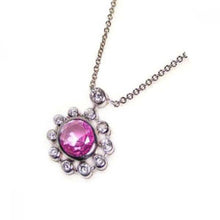 Load image into Gallery viewer, Sterling Silver Necklace with Centered Round Cut Pink Cz and Multi Clear Cz on Bezel Setting Flower Shaped Pendant