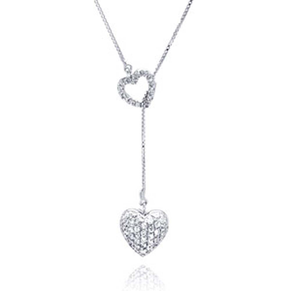 Sterling Silver Classy Lariat Necklace with Double Micro Paved Czs Heart Pendant