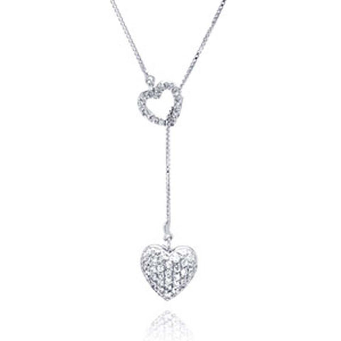 Sterling Silver Classy Lariat Necklace with Double Micro Paved Czs Heart Pendant