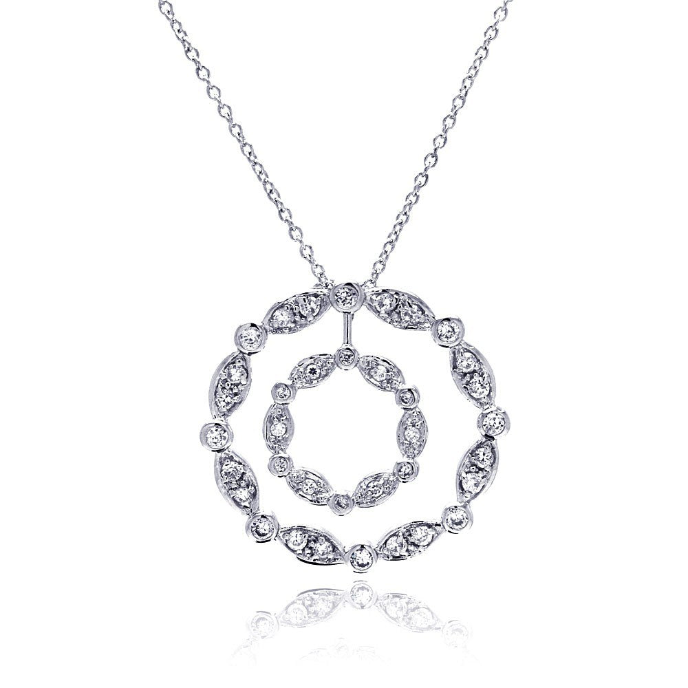 Sterling Silver Necklace with Fancy Double Open Circle Pendant Round and Marquise Shaped Design Inlaid with Clear Czs