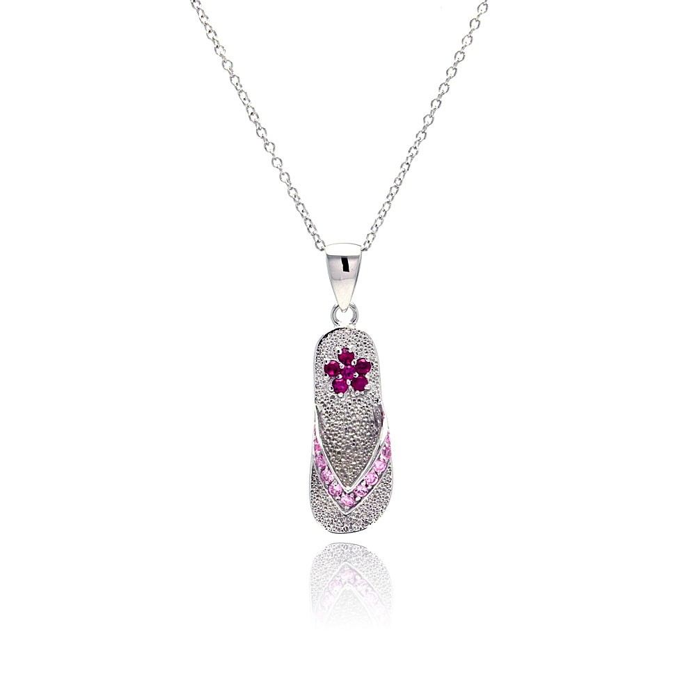 Sterling Silver Necklace with Fashion Flip Flop Pendant with Flower Design and Inlaid with Pink Czs