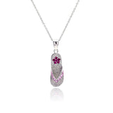 Sterling Silver Necklace with Fashion Flip Flop Pendant with Flower Design and Inlaid with Pink Czs