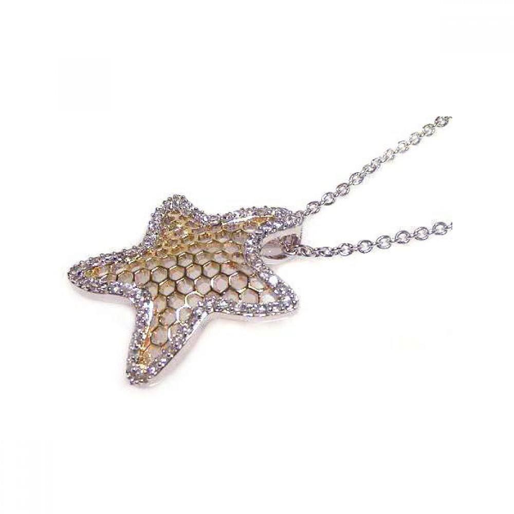 Sterling Silver Necklace with Fancy Two-Toned Star Inlaid with Clear Czs Pendant