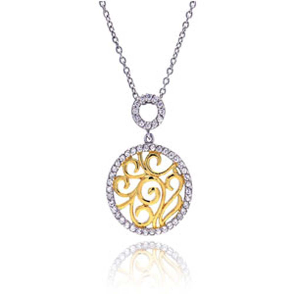 Sterling Silver Necklace with Paved Czs Circle Inlaid with Gold Plated Vine Design Pendant