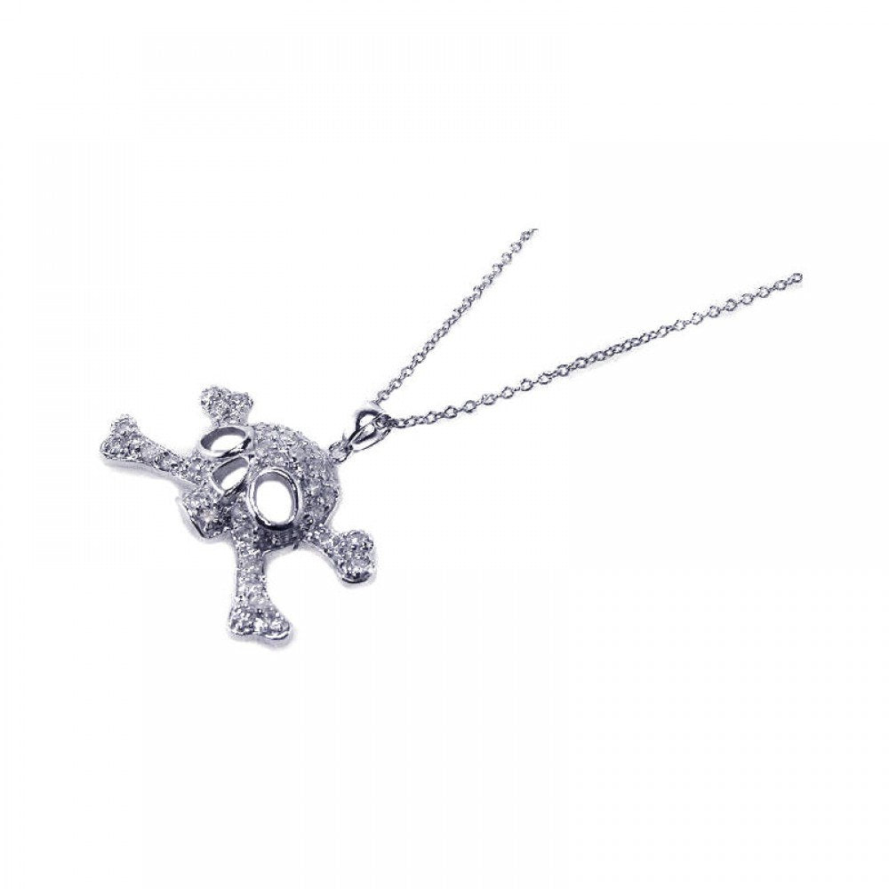 Sterling Silver Clear CZ Rhodium Plated Skull Pendant Necklace