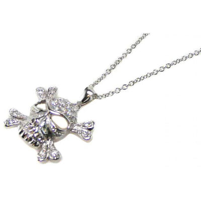 Sterling Silver Clear CZ Black Rhodium Plated Skull Pendant Necklace