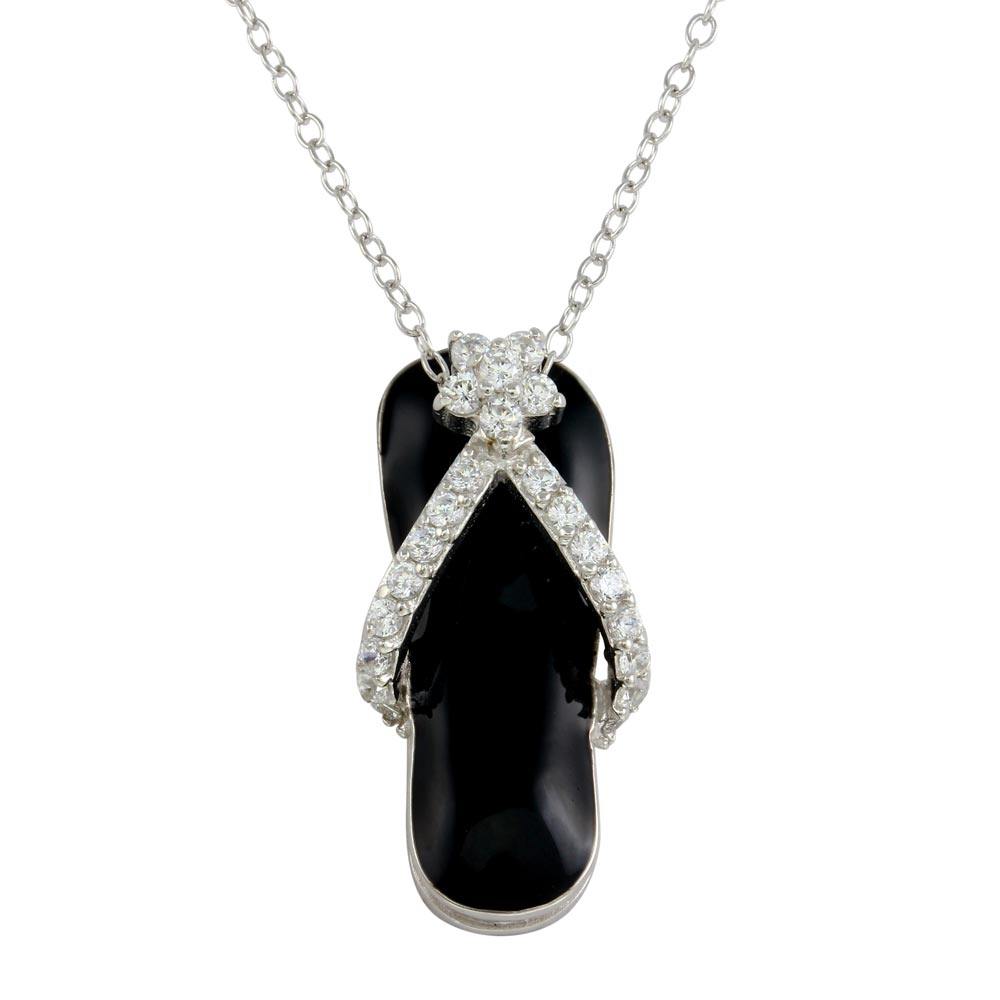 Sterling Silver Rhodium Plated Black Flip-Flop Necklace with CZ