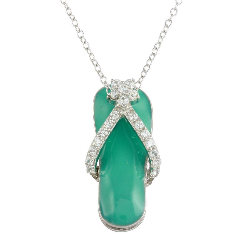 Sterling Silver Rhodium Plated Blue Flip-Flop Necklace with CZ
