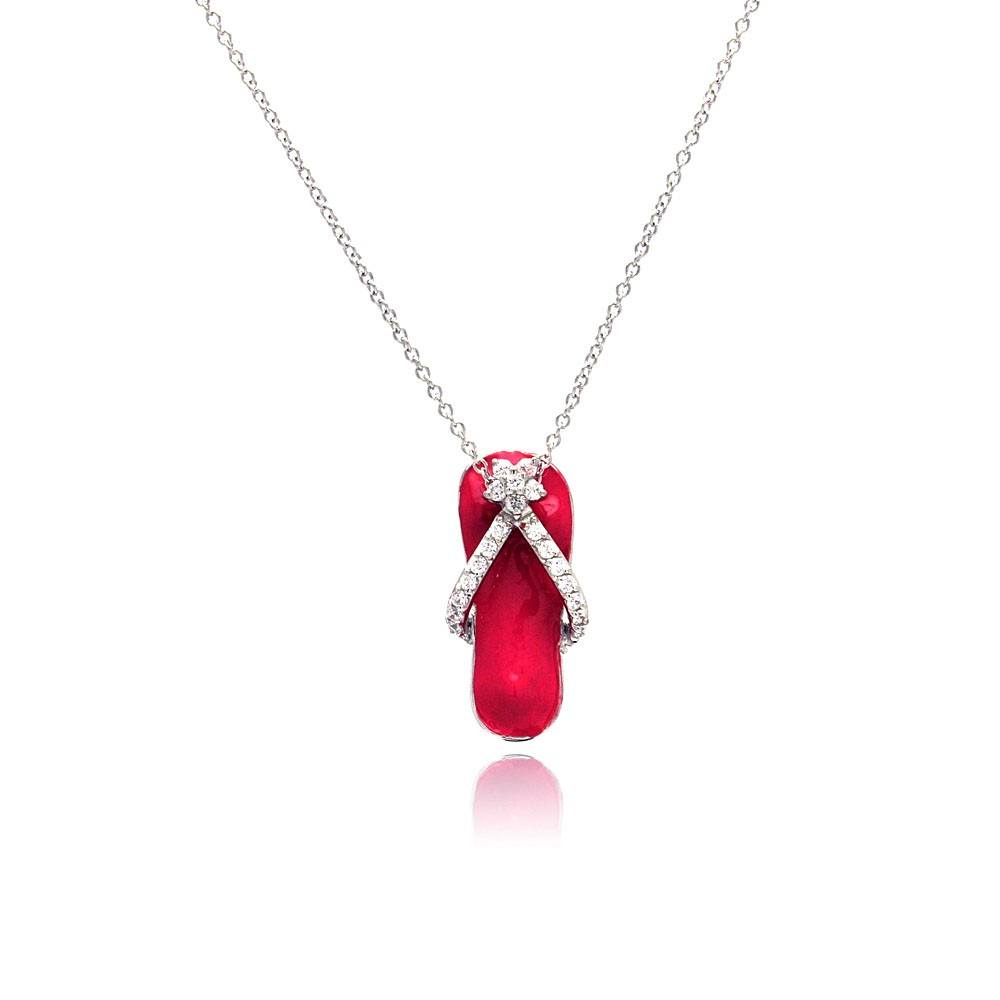 Sterling Silver Clear CZ Rhodium Plated Pink Colored Flip Flop Pendant Necklace