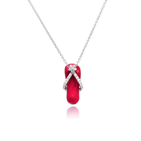 Sterling Silver Clear CZ Rhodium Plated Pink Colored Flip Flop Pendant Necklace