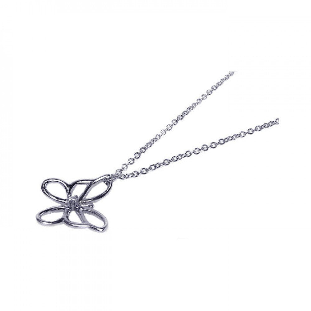 Sterling Silver Necklace with High Polished Open Butterfly with Single Clear Cz Pendant