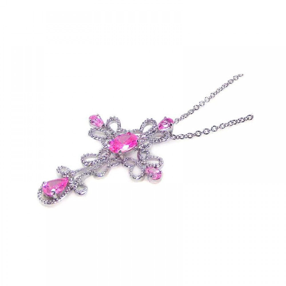 Sterling Silver Clear CZ Rhodium Plated Cross Pink Stone Inlay Pendant Necklace
